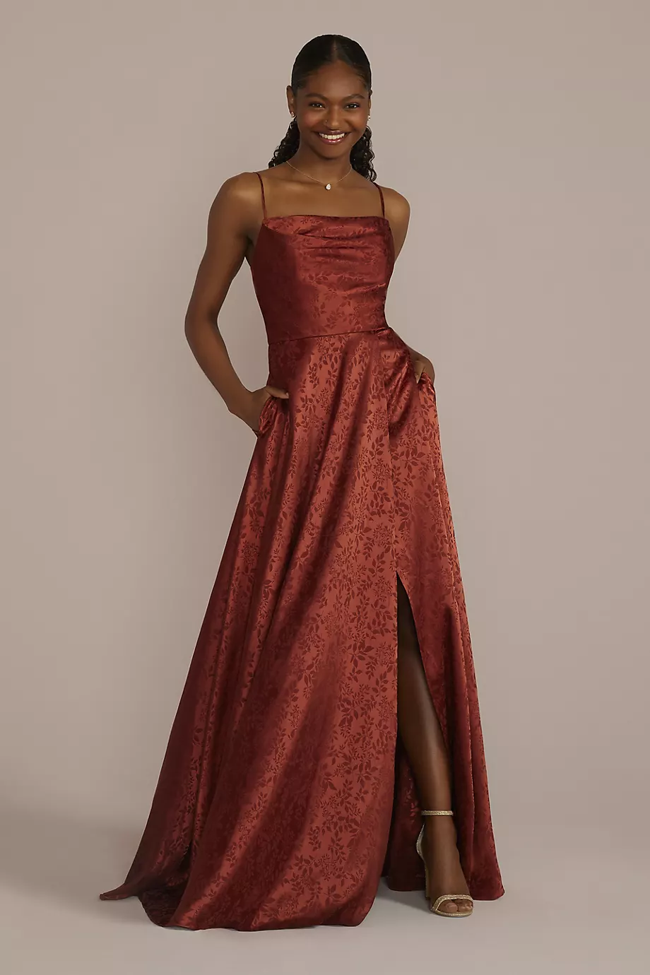 Celebrate DB Studio Jacquard Cowl Neck Dress in Cinnamon Size: 2 David's Bridal