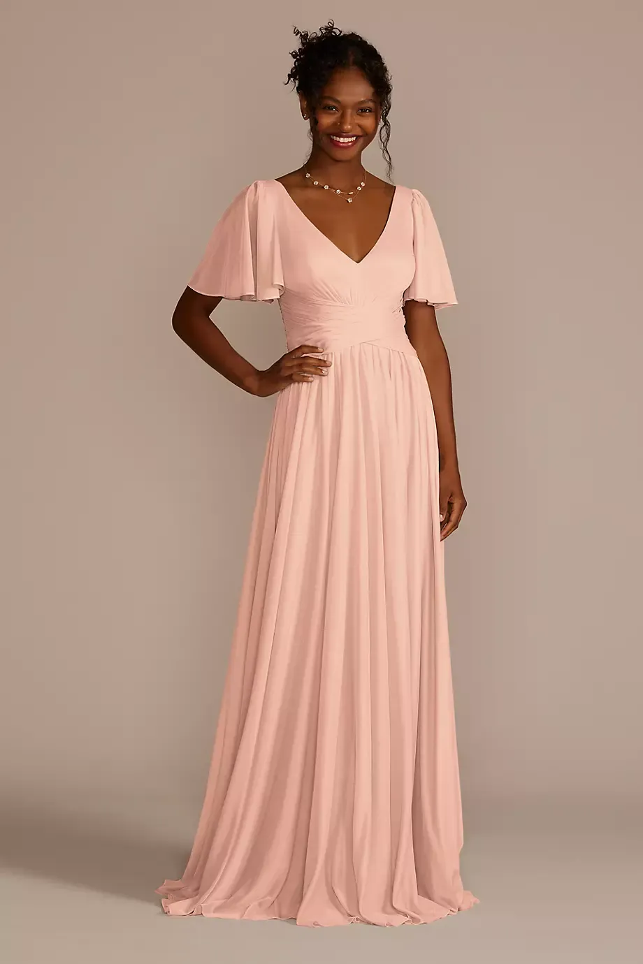 Celebrate DB Studio Flutter Sleeve Crisscross Mesh Dress in Petal Size: 2 David's Bridal