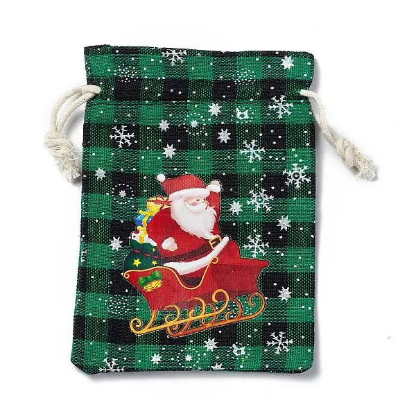 PandaHall Christmas Theme Rectangle Jute Bags with Jute Cord, Tartan Drawstring Pouches, for Gift Wrapping, Green, Santa Claus...