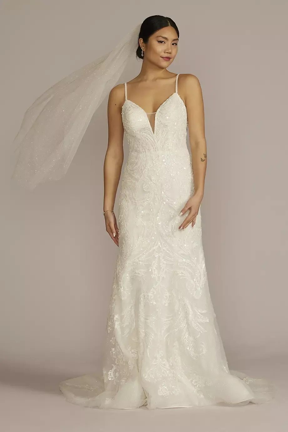 As Is Glitter Tulle Lace Mermaid Wedding Dress in Ivory Size: 14 David's Bridal