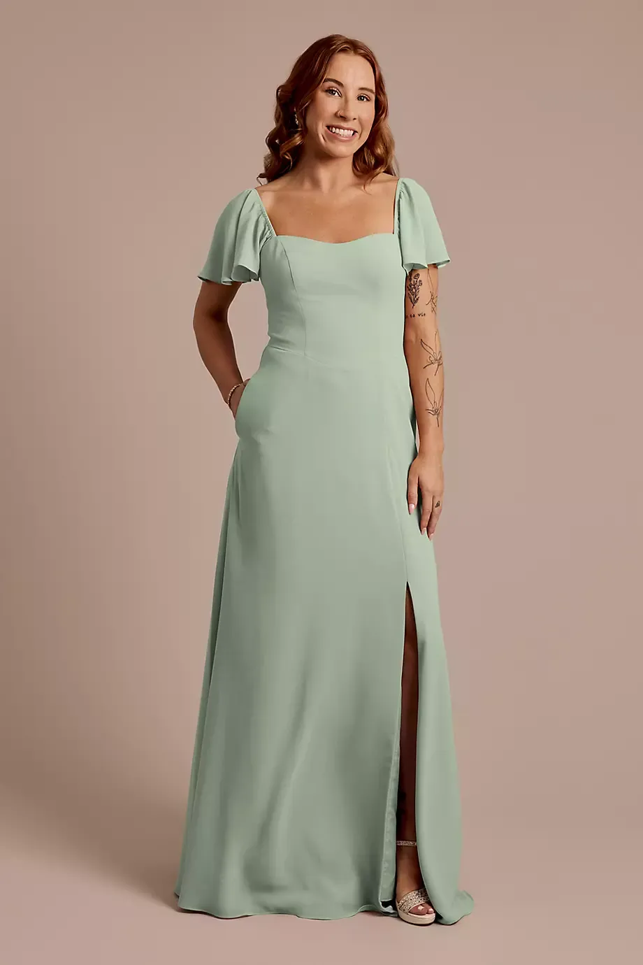 Celebrate DB Studio Chiffon Flutter Sleeve Dress With Basque Waist in Dusty Sage Size: 12 David's Bridal