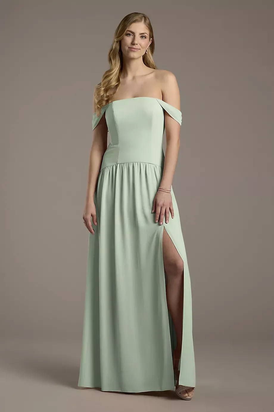 Celebrate DB Studio Chiffon Curved Drop Waist Off-The-Shoulder Dress in Dusty Sage Size: 4 David's Bridal