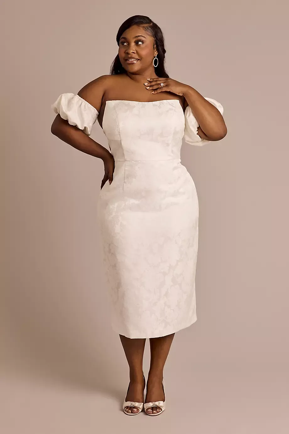DB Studio Jacquard Midi Dress With Removable Sleeves in Soft White Size: 18W David's Bridal