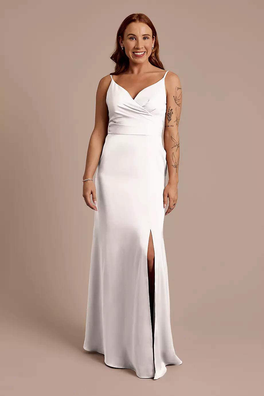 Celebrate DB Studio Matte Satin Spaghetti Strap Surplice A-Line Dress in White Size: 30 David's Bridal