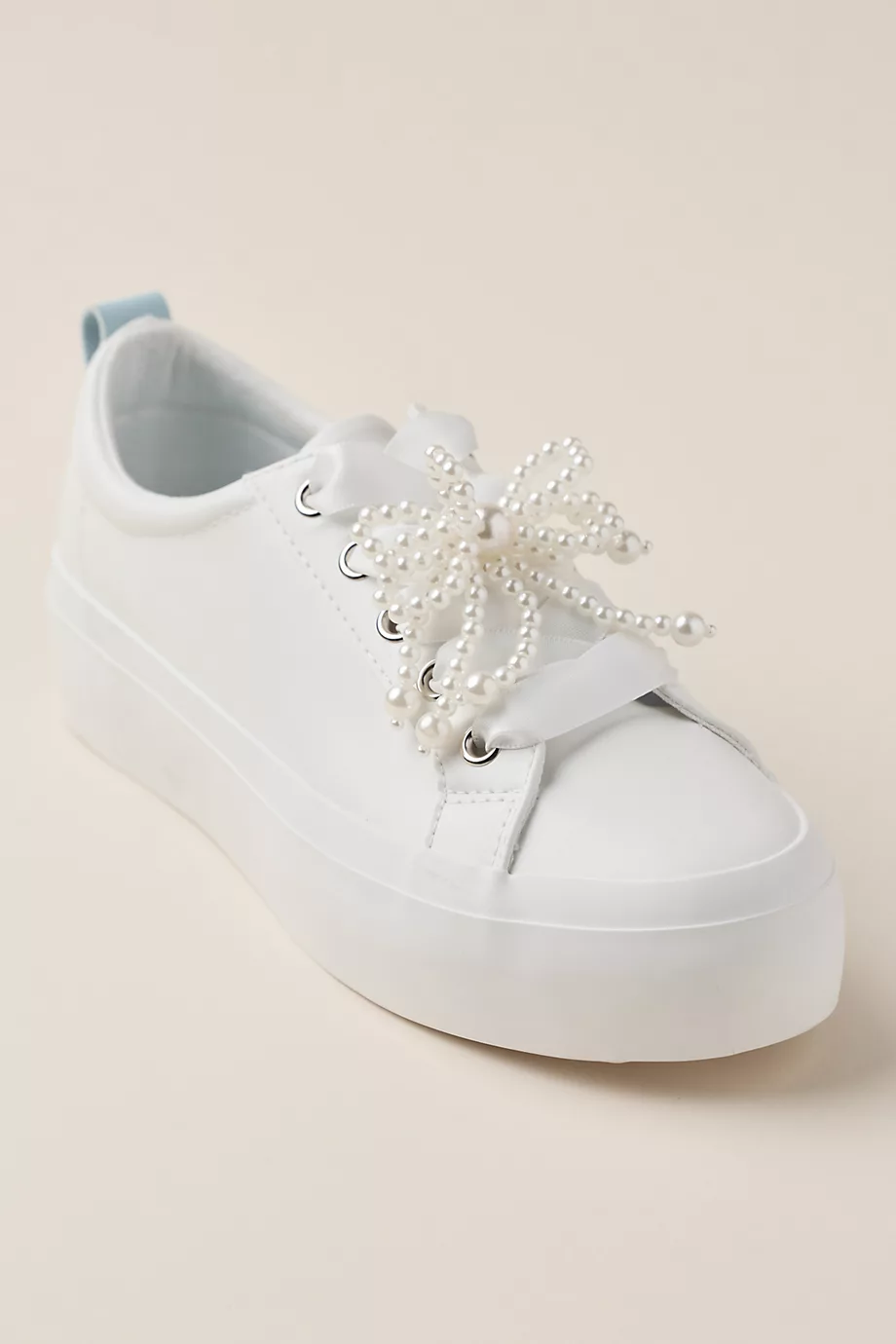DB Studio Vegan Leather Sneakers With Detachable Pearl Bow in White Size: 11 David's Bridal