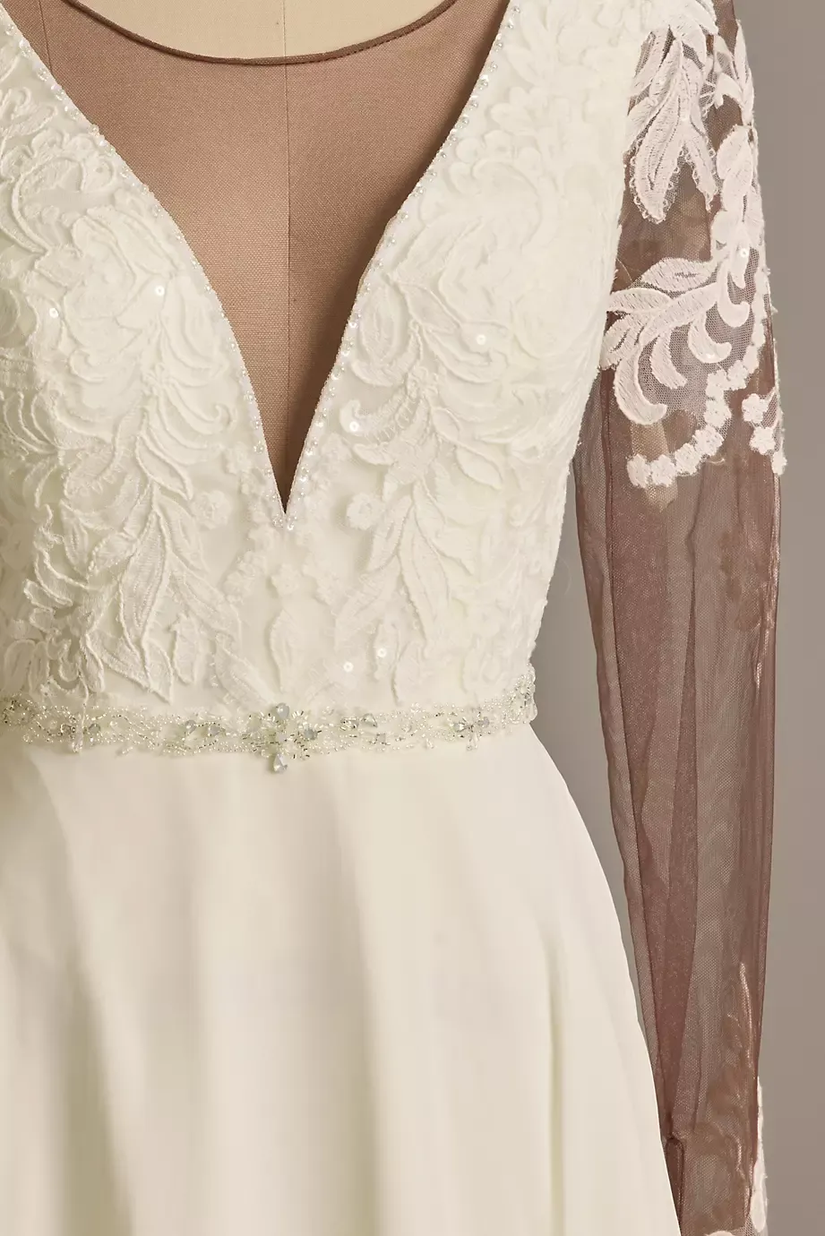 Galina Signature Applique Illusion Chiffon Plus Size Wedding Dress in Ivory/Cocoa Size: 24W David's Bridal