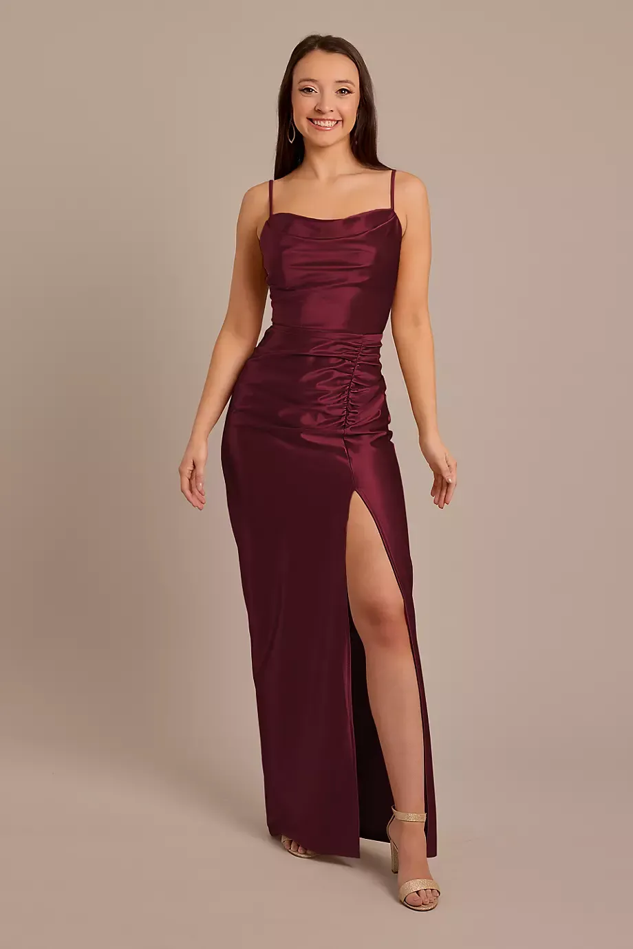 Celebrate DB Studio Sculpting Satin Cowl Neck Ruched Dress in Wine Size: 4 David's Bridal