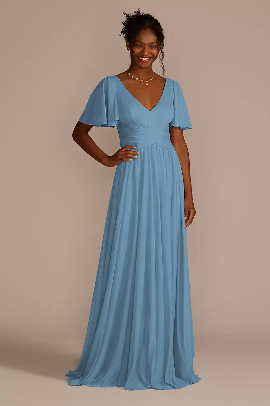 Celebrate DB Studio Crisscross Mesh Flutter Sleeve Bridesmaid Dress in Lake Size: 16 David's Bridal