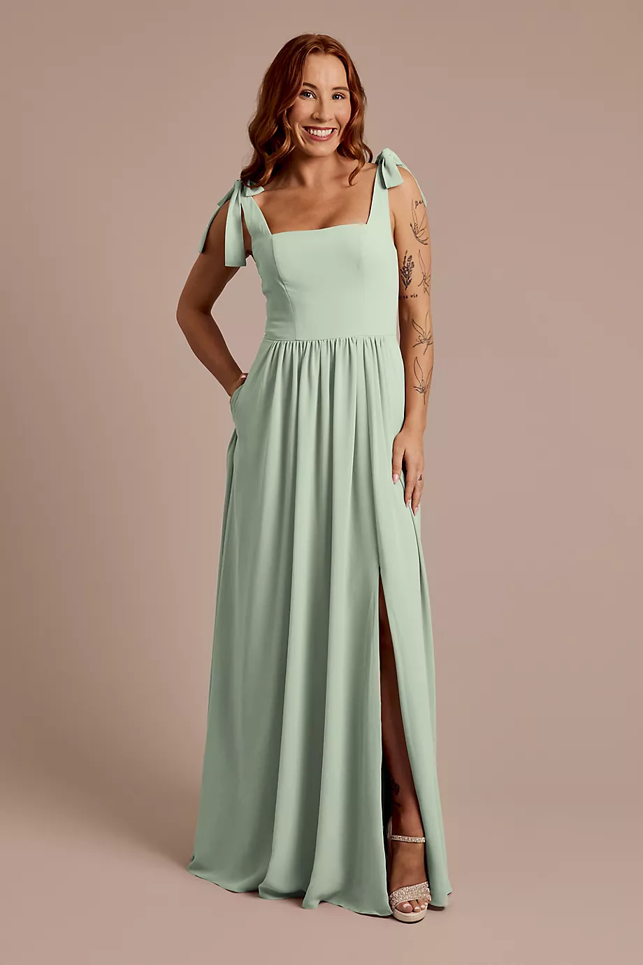 Celebrate DB Studio Chiffon Tie Strap Tank A-Line Dress in Dusty Sage Size: 4 David's Bridal