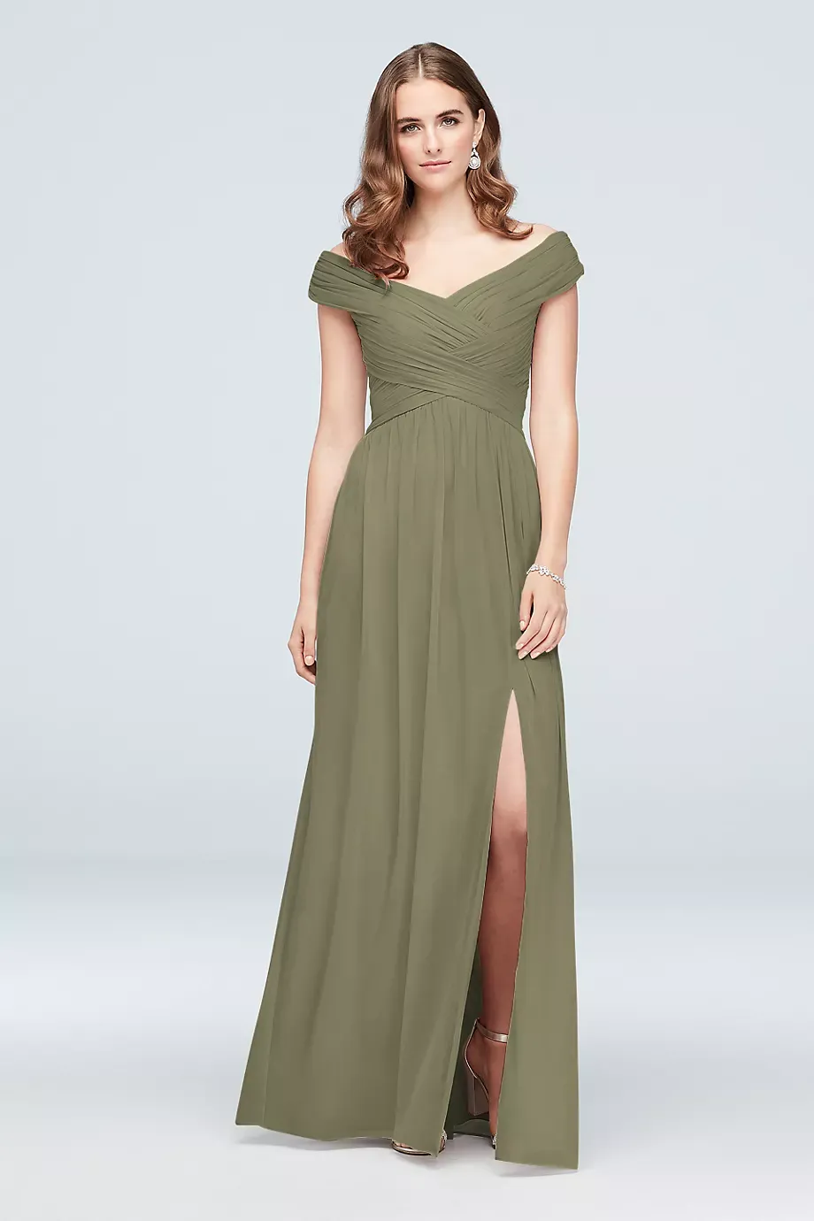 Celebrate DB Studio Off-The-Shoulder Mesh Tall Bridesmaid Dress in Eucalyptus Size: 0 David's Bridal