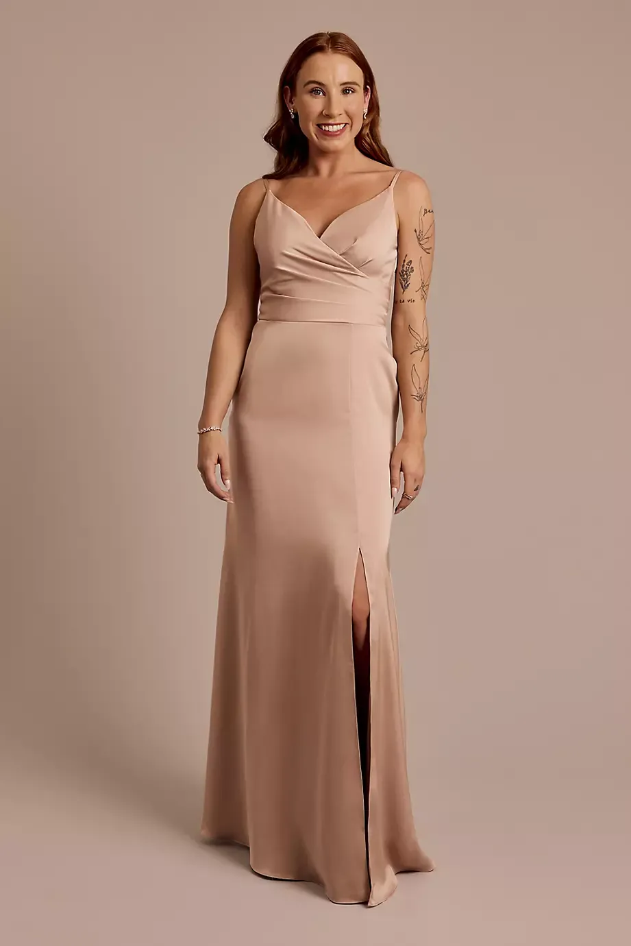 Celebrate DB Studio Matte Satin Spaghetti Strap Surplice A-Line Dress in Sand Size: 22 David's Bridal