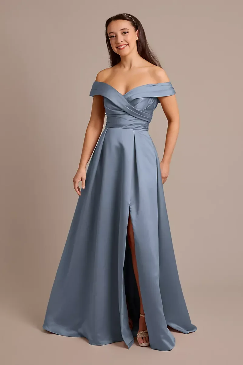 Celebrate DB Studio Satin Off-The-Shoulder Ball Gown Dress in Steel Blue Size: 26 David's Bridal