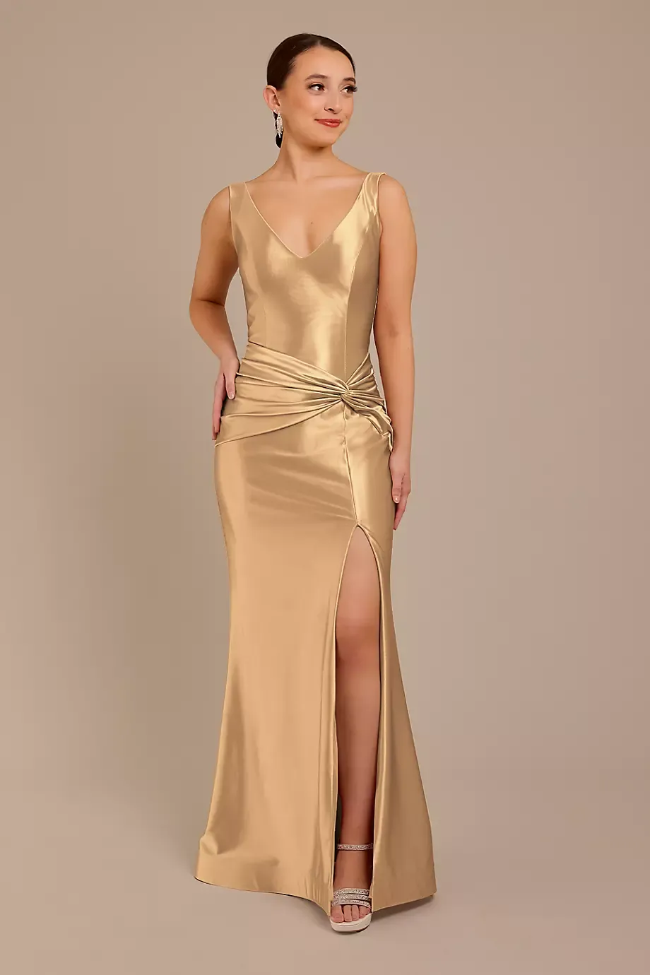Galina Signature Sculpting Satin Tank Knot Dress in Golden Size: 4 David's Bridal