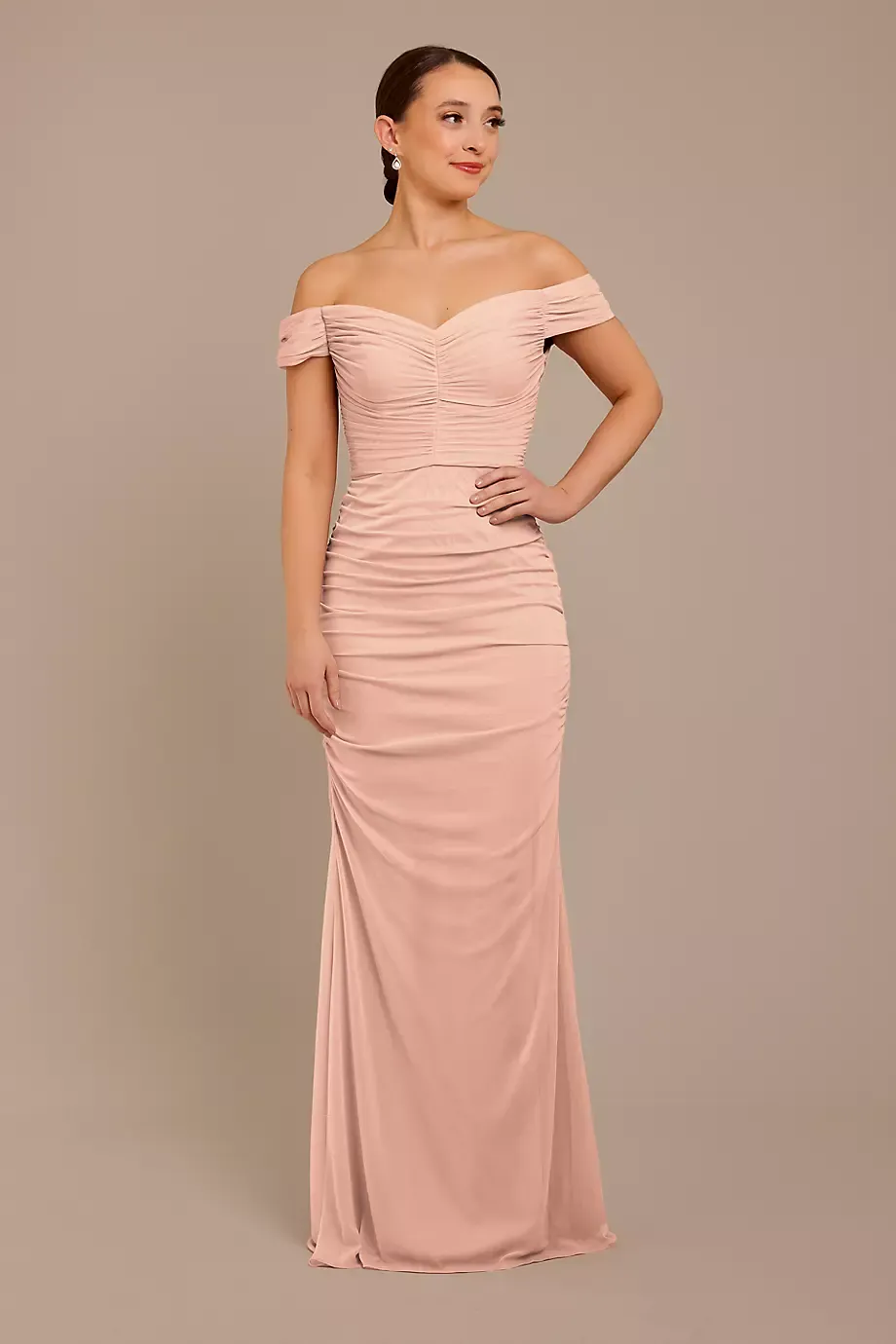 Celebrate DB Studio Mesh Off-The-Shoulder Ruched Dress in Petal Size: 16 David's Bridal