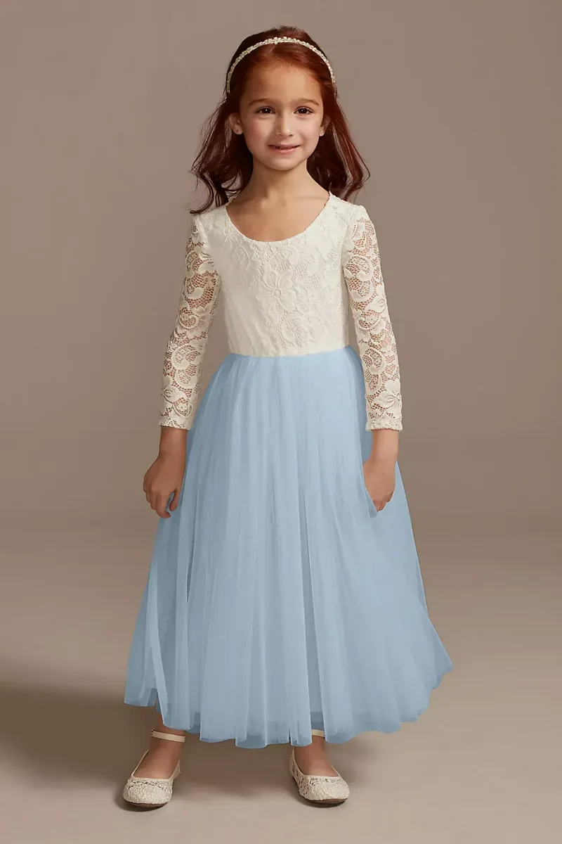 Scalloped V-Back Lace A-Line Flower Girl Dress in Soft White/Dusty Blue Size: 14 David's Bridal