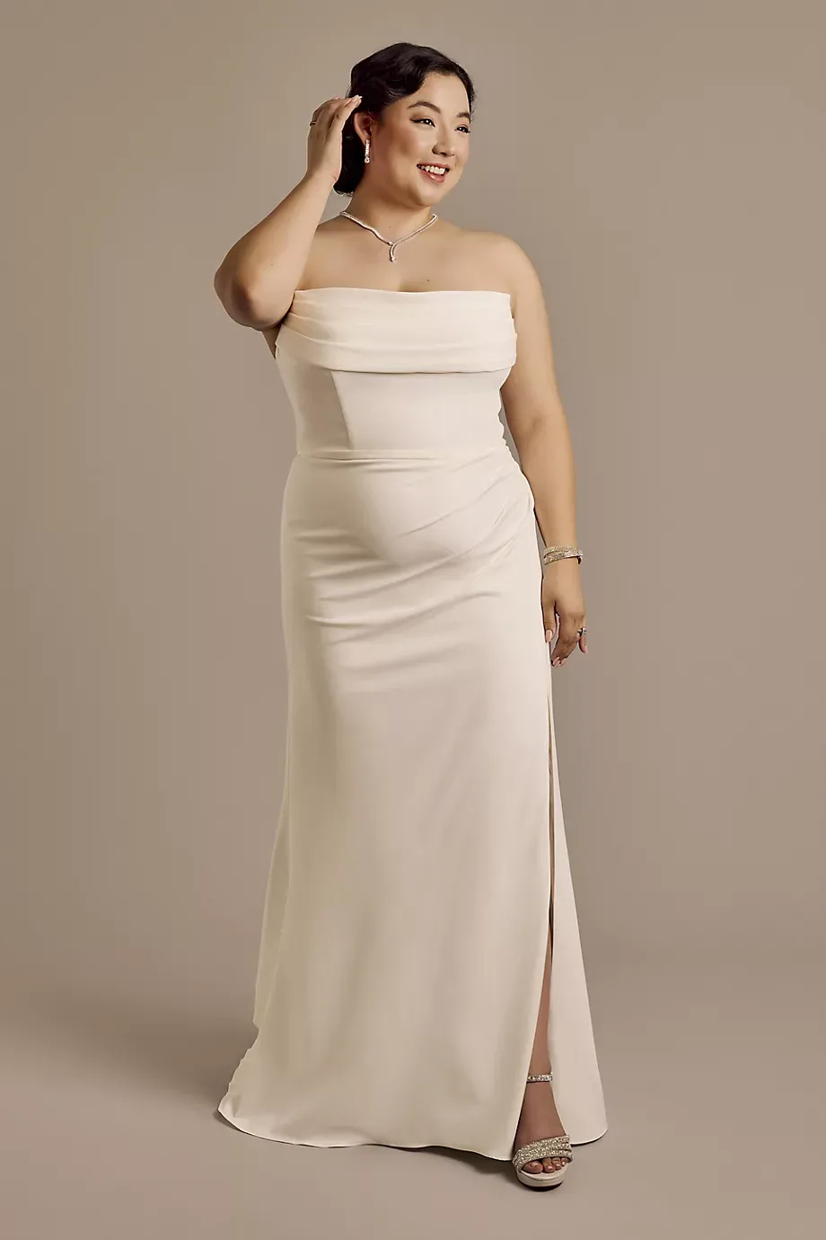 DB Studio Stretch Crepe Sculpted Cowl Sheath Wedding Dress in Soft White Size: 28W David's Bridal