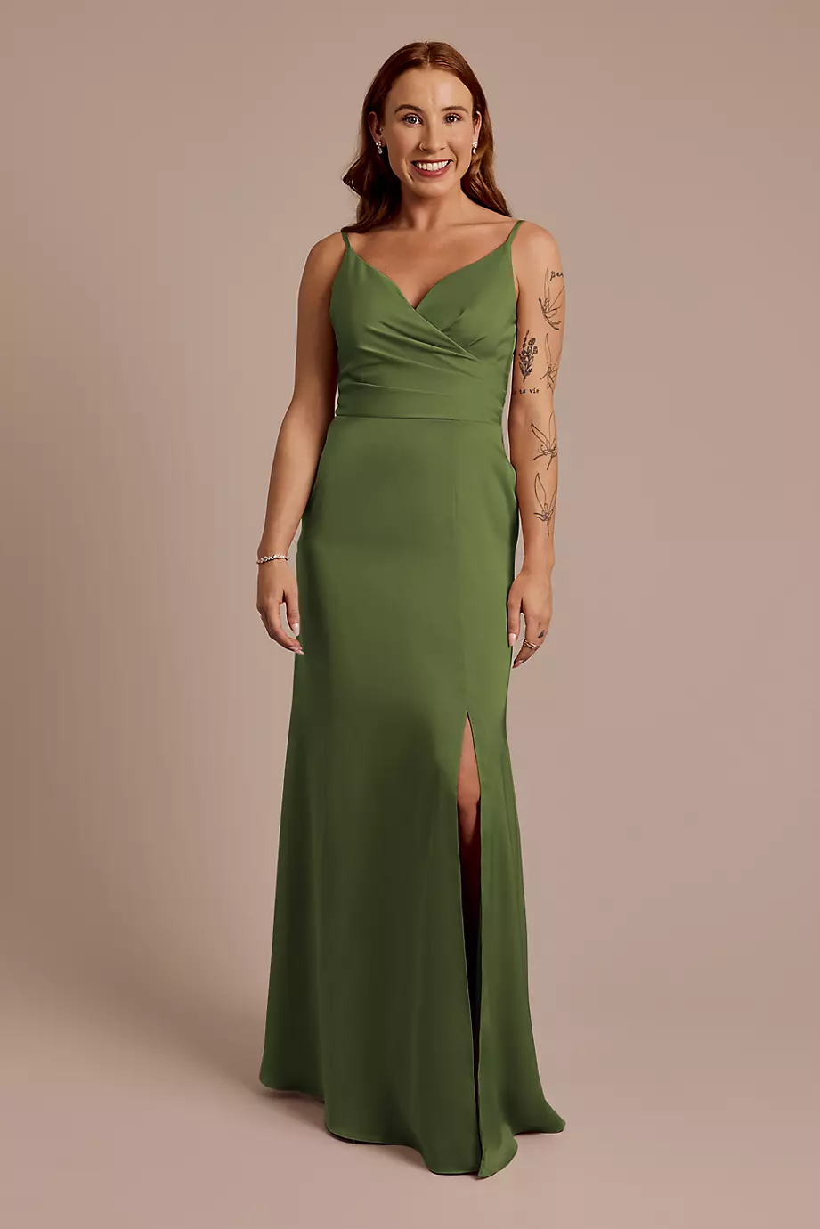 Celebrate DB Studio Matte Satin Spaghetti Strap Surplice A-Line Dress in Martini Olive Size: 8 David's Bridal