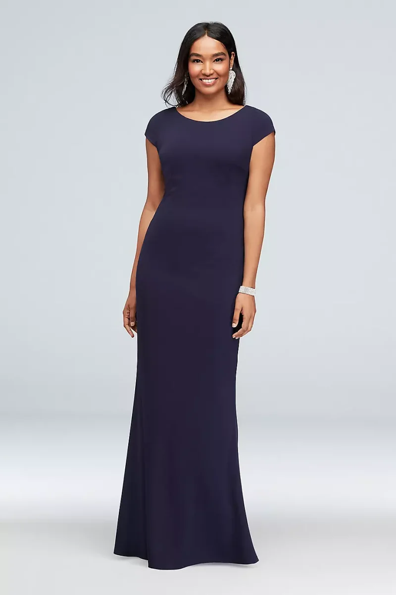 As Is Deep-V Bow Back Cap-Sleeve Crepe Sheath Gown in Navy Size: 2 David's Bridal