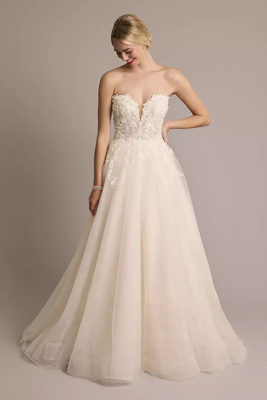 Oleg Cassini 3D Floral Plunging Strapless Tulle Ball Gown in Ivory/Almond Size: 10 David's Bridal