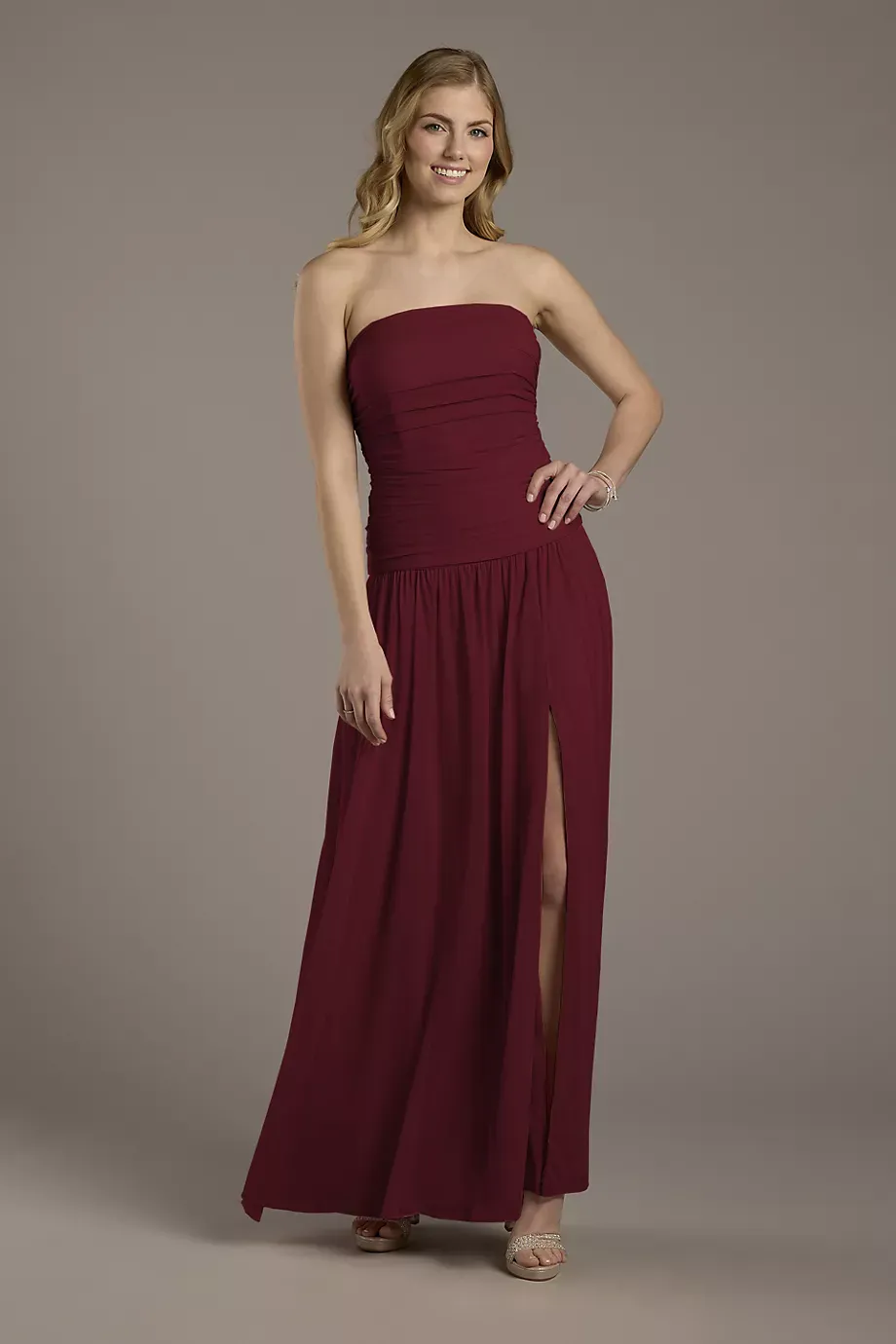 Celebrate DB Studio Mesh Strapless Drop Waist Dress in Wine Size: 2 David's Bridal