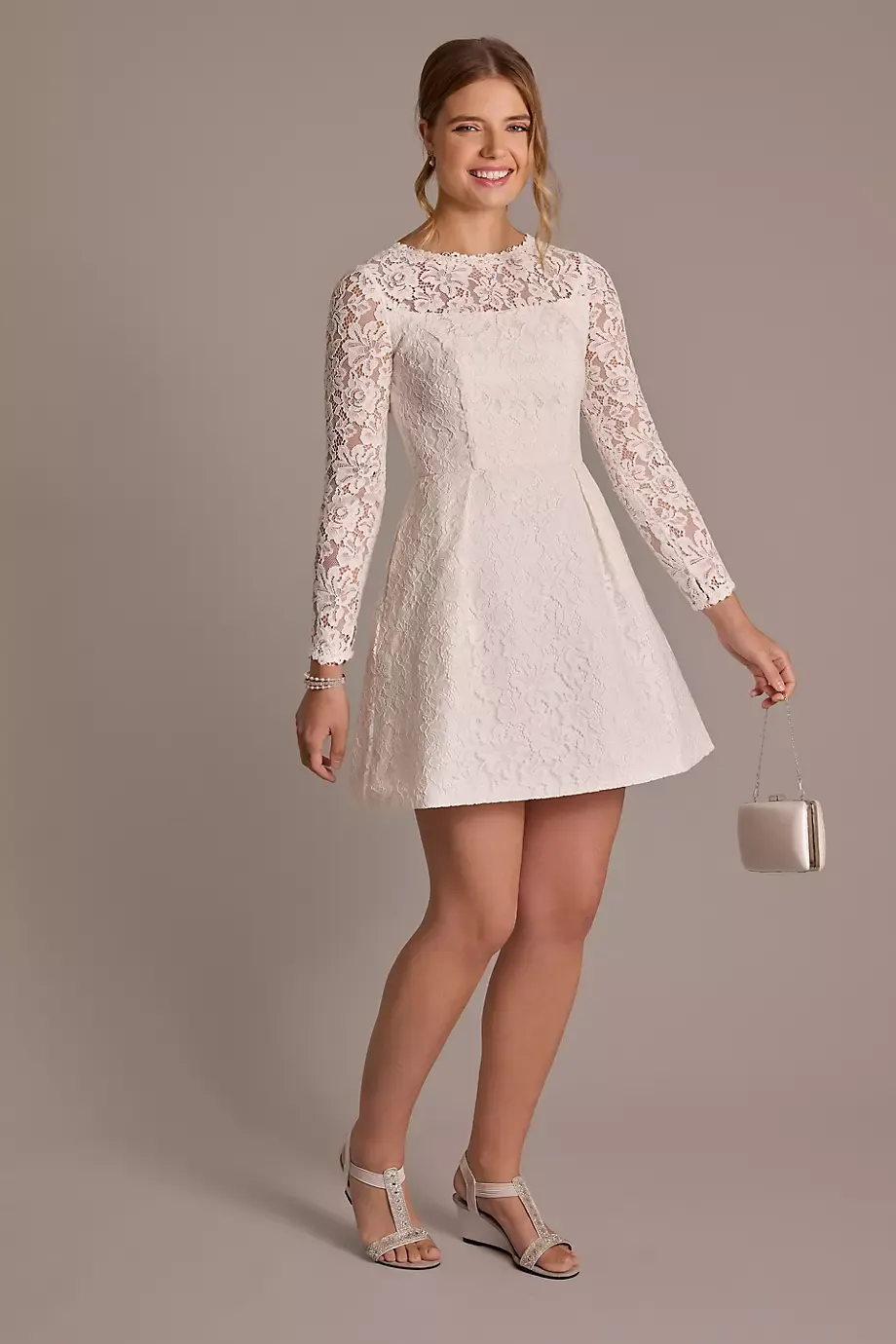 DB Studio Long Sleeve Allover Lace Pleated Skirt Mini Dress in Soft White Size: 0 David's Bridal