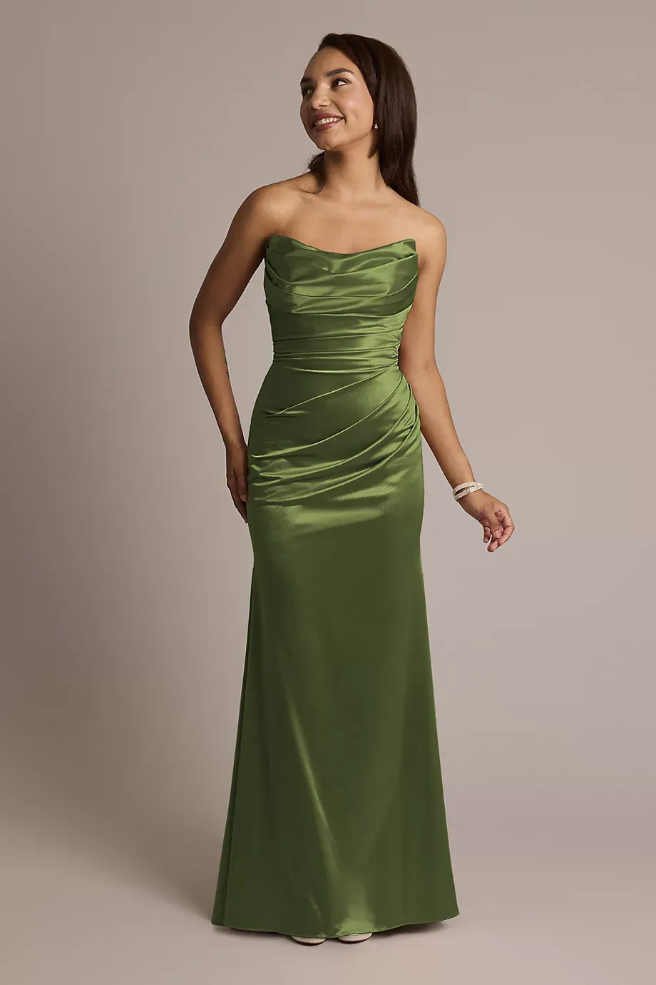 Galina Signature Sculpting Satin Strapless Mermaid Dress in Martini Olive Size: 22 David's Bridal