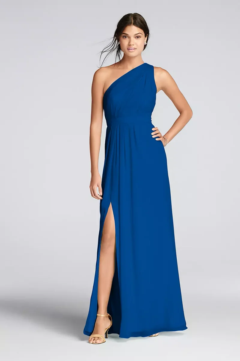 Celebrate DB Studio Long One-Shoulder Crinkle Chiffon Dress in Horizon Size: 22 David's Bridal