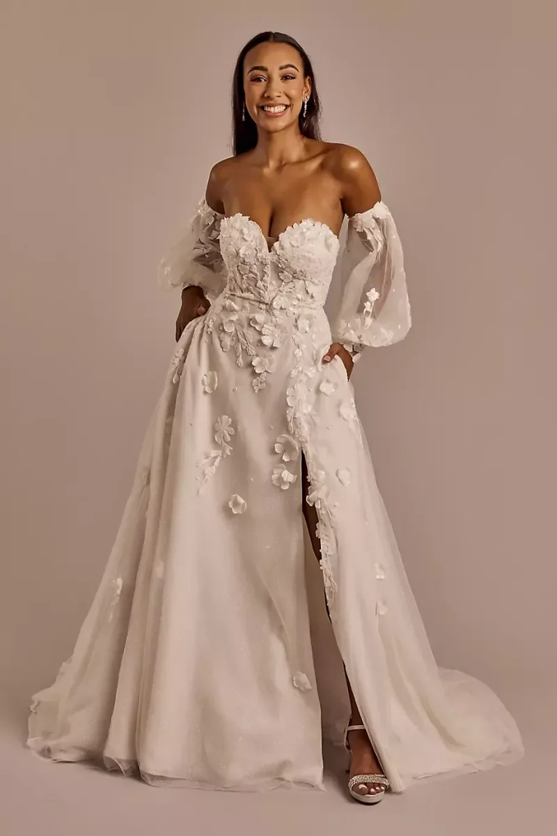 Melissa Sweet Off-The-Shoulder Long Billow Sleeve Wedding Dress in Solid Ivory Size: 6 David's Bridal