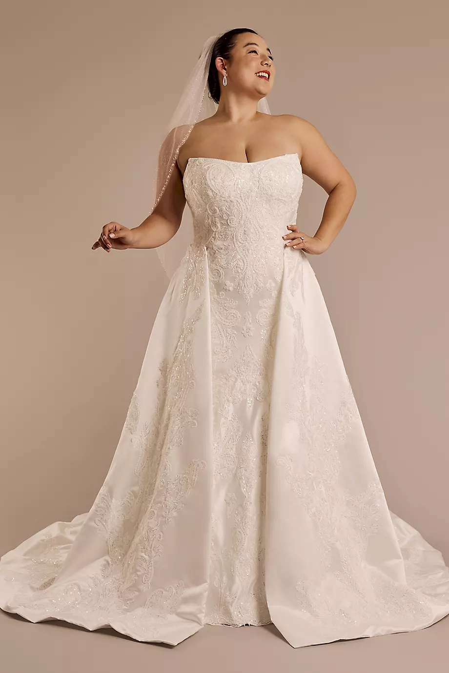 Oleg Cassini Appliqued Satin Wedding Dress With Overskirt in Soft White Size: 24W David's Bridal