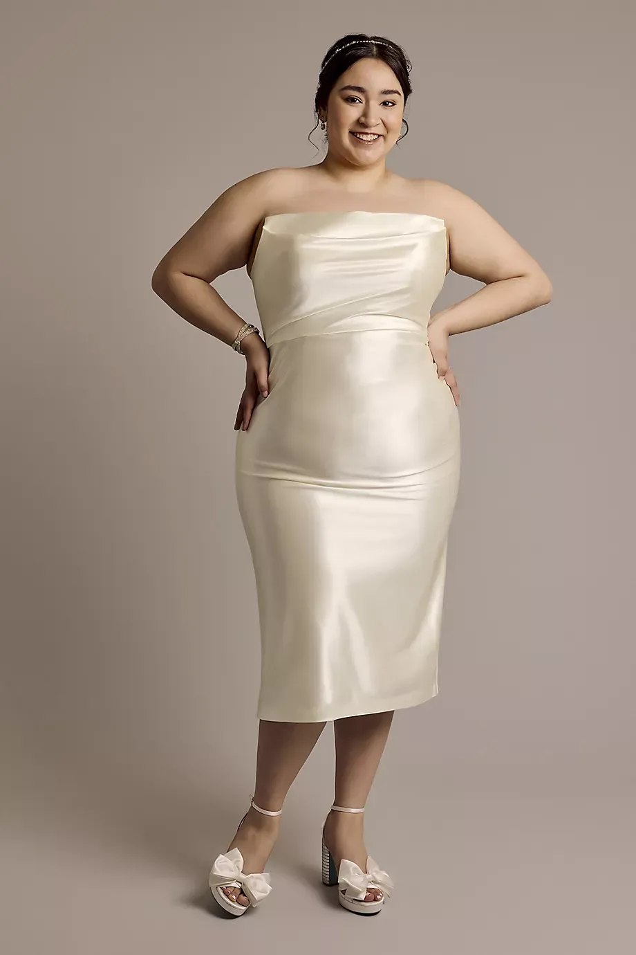 DB Studio Sculpting Satin Midi Dress With Draped Bodice in Ivory Size: 20W David's Bridal