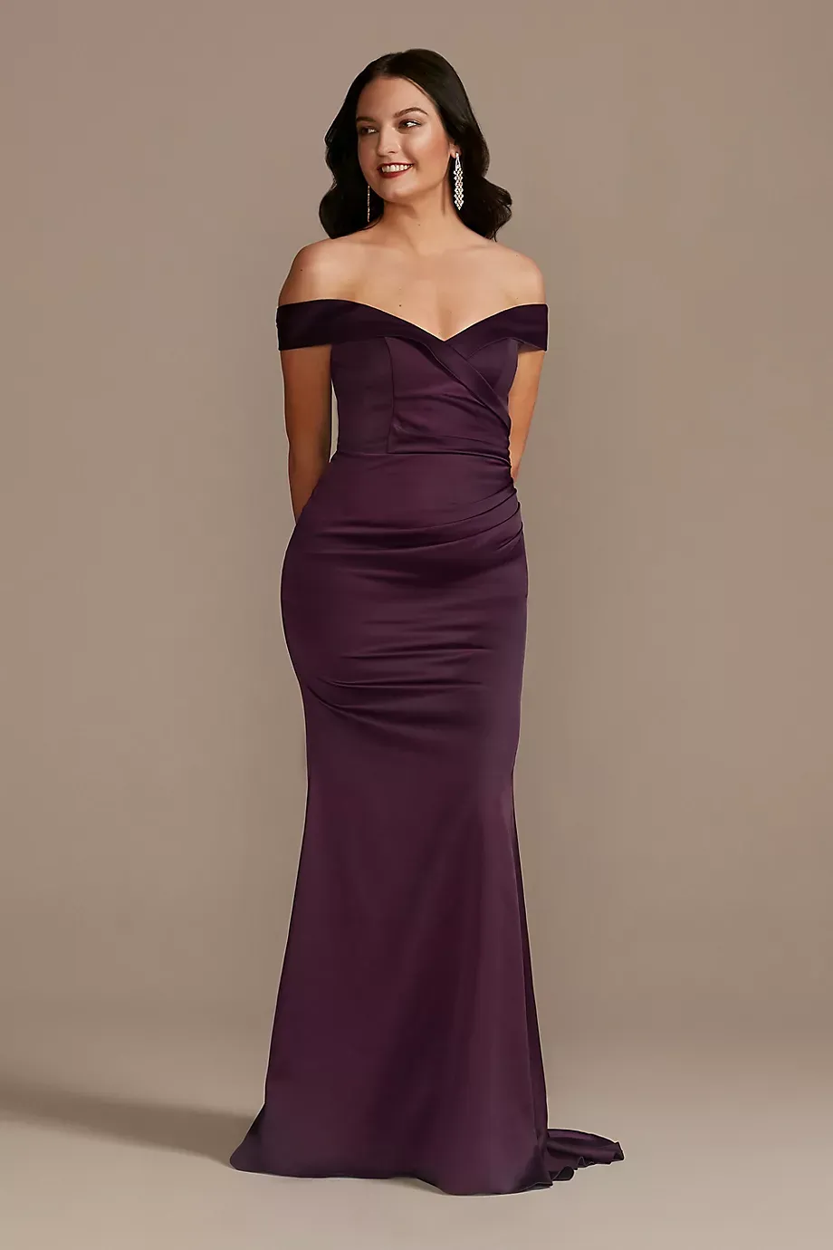 Galina Signature Satin Off-The-Shoulder Mermaid Dress in Plum Size: 6 David's Bridal