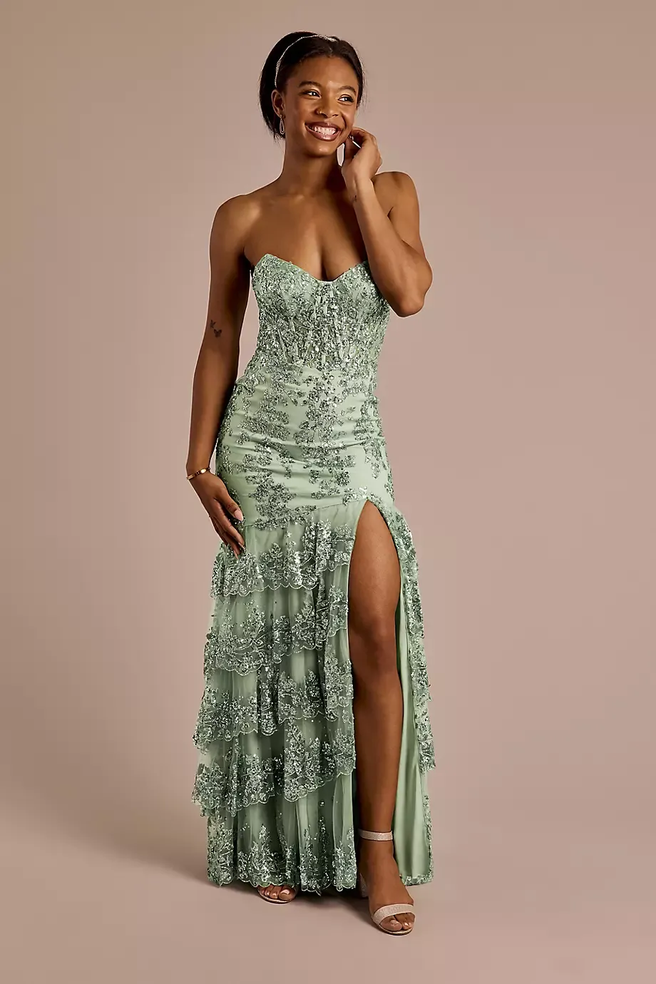 Jules and Cleo Sequin Ruffle Tiered Mermaid Dress in Sage Size: 10 David's Bridal
