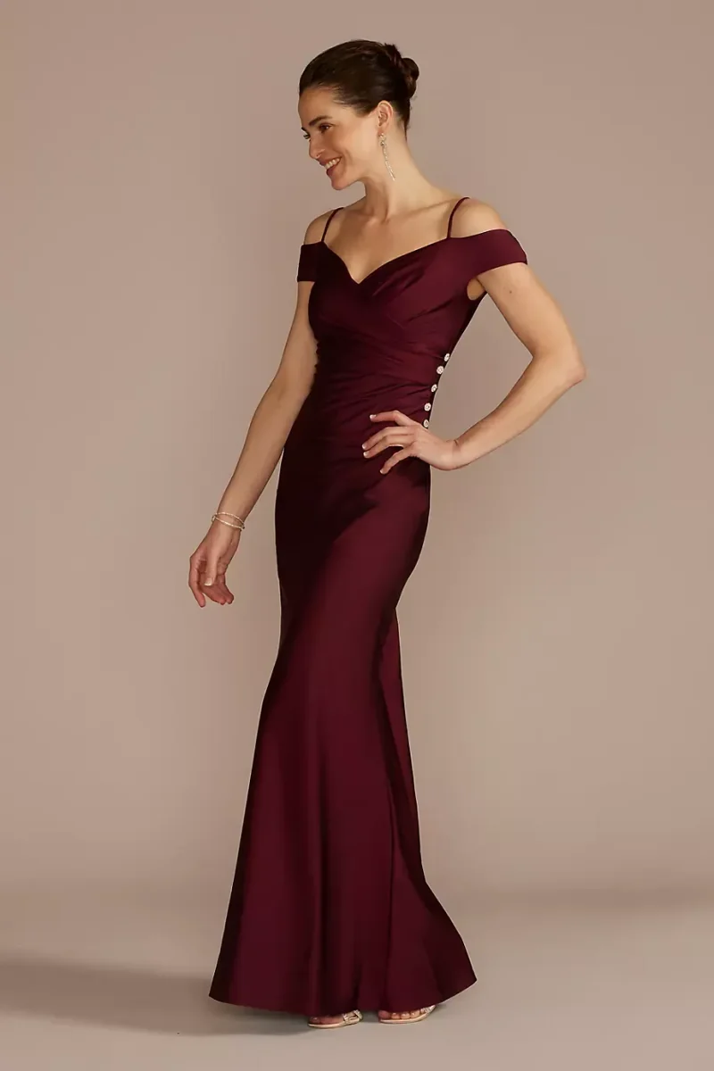 Oleg Cassini Off-The-Shoulder Ruched Sheath Dress With Buttons in Wine Size: 2 David's Bridal