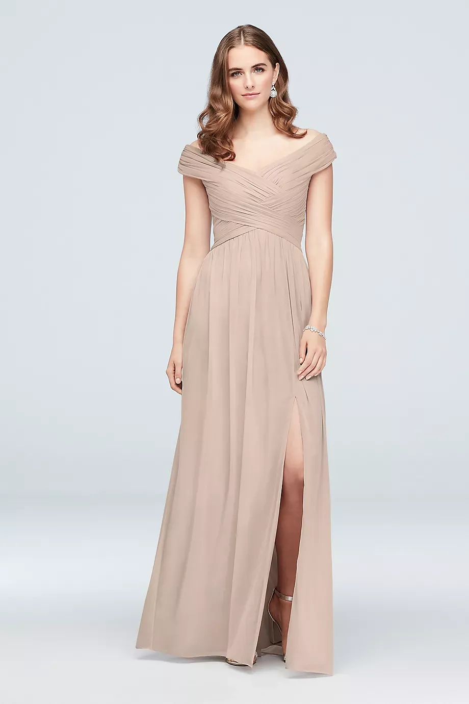 Celebrate DB Studio Crisscross Off-The-Shoulder Mesh Bridesmaid Dress in Biscotti Size: 0 David's Bridal