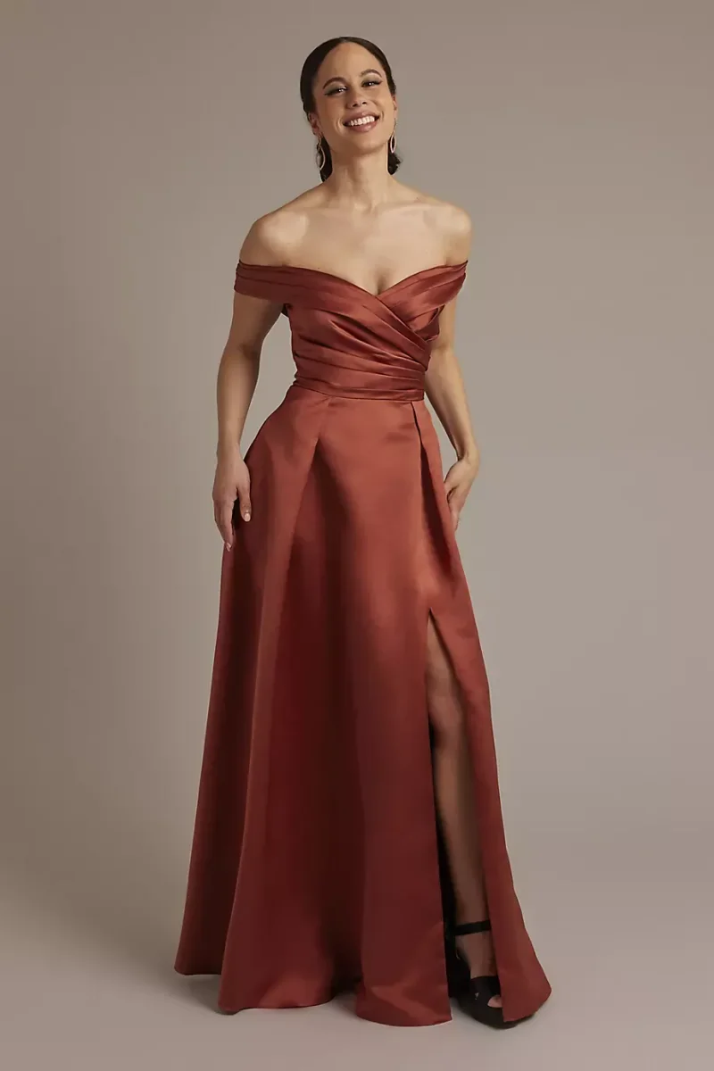 Celebrate DB Studio Satin Off-The-Shoulder Ball Gown Dress in Cinnamon Size: 26 David's Bridal