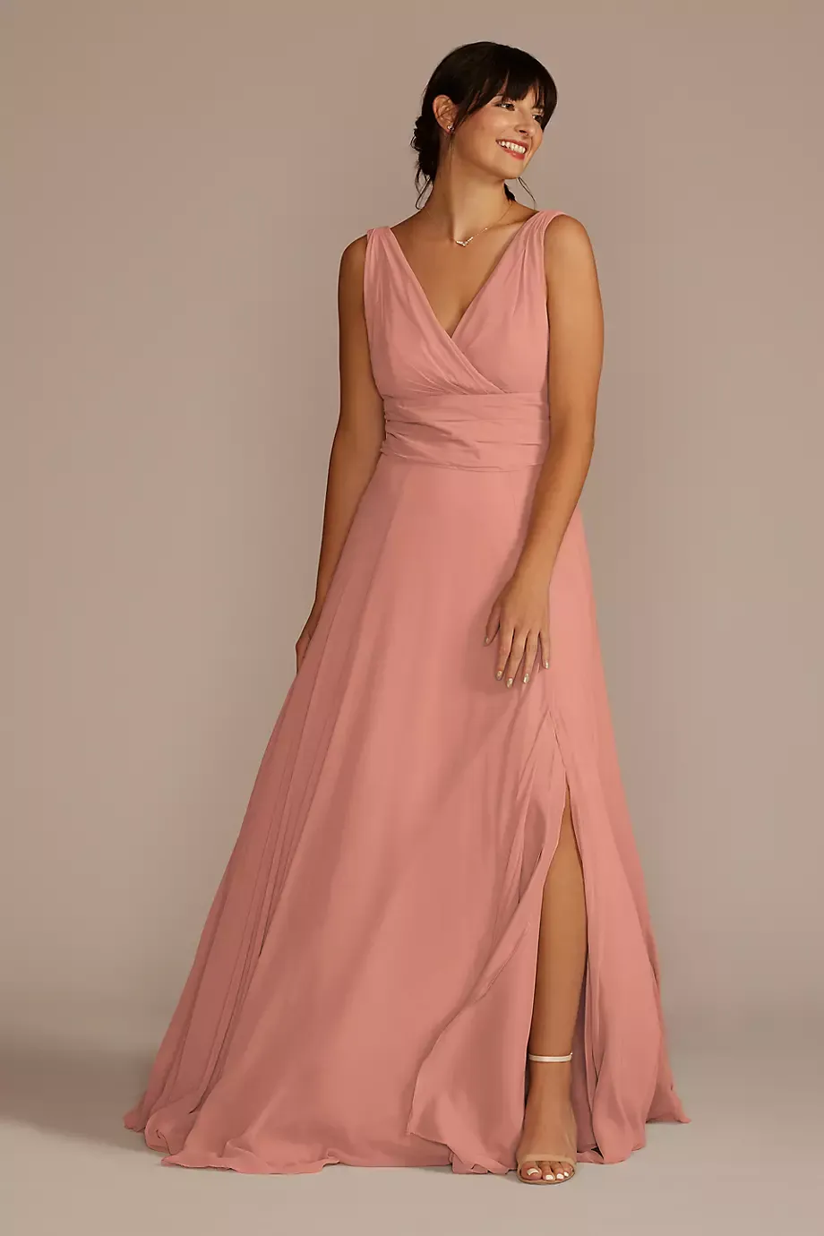 Celebrate DB Studio Long Chiffon Surplice Tank Dress in Desert Coral Size: 20 David's Bridal