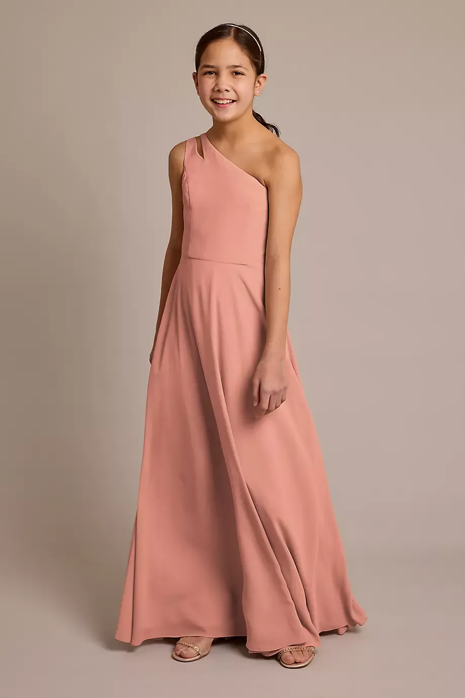 Celebrate DB Studio Chiffon One-Shoulder Junior Dress in Desert Coral Size: 8 David's Bridal