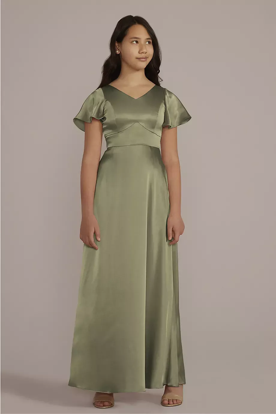Galina Signature Charmeuse Flutter Sleeve Junior Bridesmaid Dress in Eucalyptus Size: 10 David's Bridal