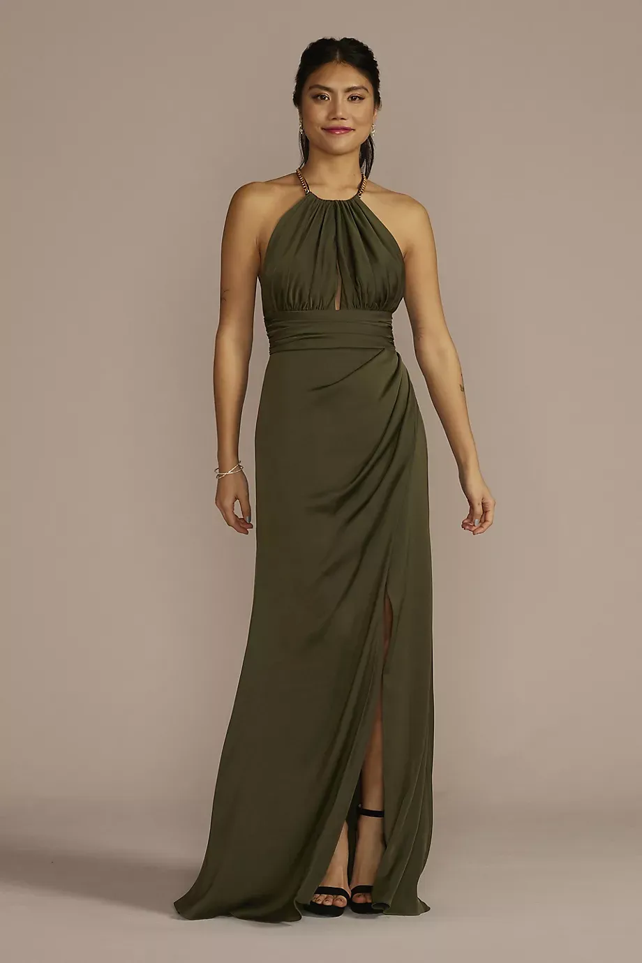 Galina Signature Chain Halter Satin Keyhole Sheath Dress in Tarragon Size: 6 David's Bridal