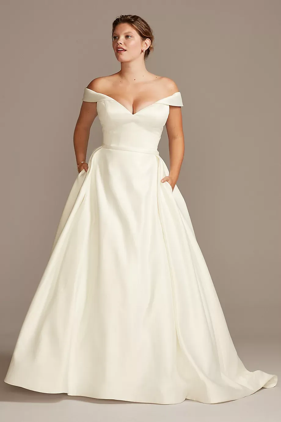 As Is Off Shoulder Satin Plus Size Wedding Dress in Ivory Size: 26W David's Bridal