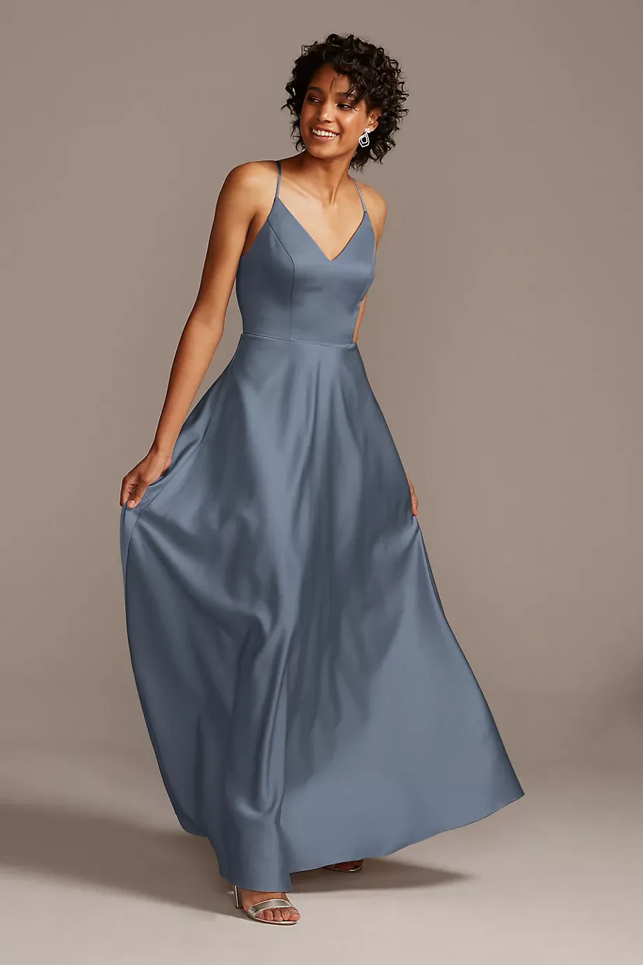 Celebrate DB Studio Spaghetti Strap Satin A-Line Long Bridesmaid Dress in Steel Blue Size: 22 David's Bridal