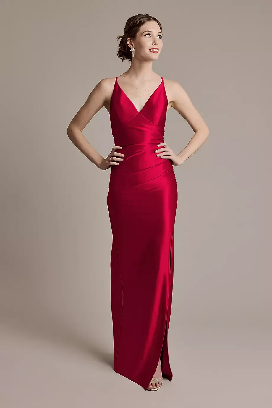 Celebrate DB Studio Sculpting Satin V-Neck Cross-Back Dress in Apple Size: 26 David's Bridal
