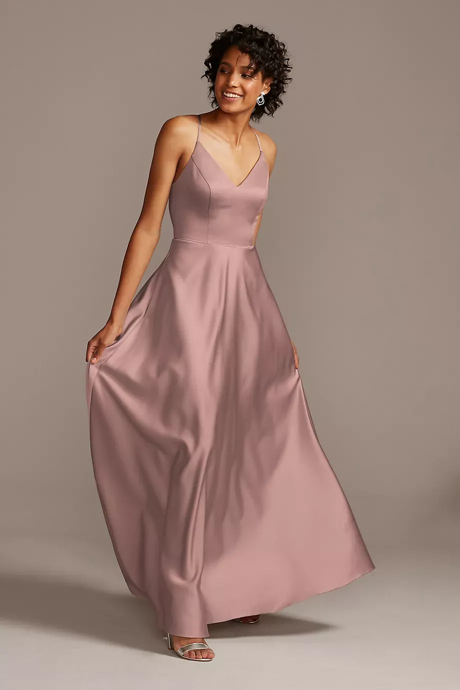 Celebrate DB Studio Spaghetti Strap Satin A-Line Long Bridesmaid Dress in Quartz Size: 30 David's Bridal