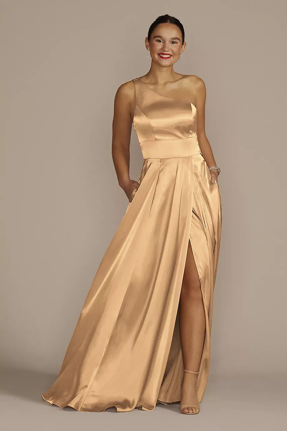 Galina Signature One-Shoulder Draped Charmeuse Dress in Golden Size: 10 David's Bridal