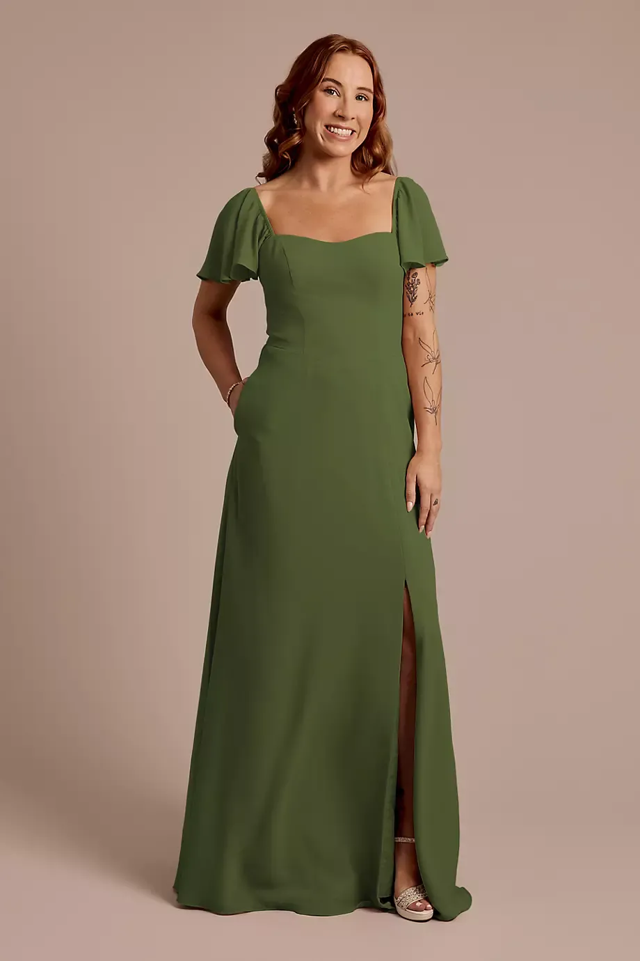 Celebrate DB Studio Chiffon Flutter Sleeve Dress With Basque Waist in Martini Olive Size: 14 David's Bridal