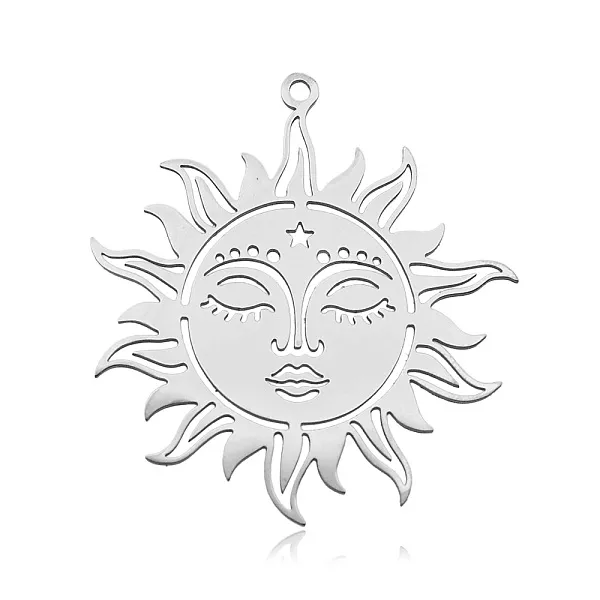 PandaHall 304 Stainless Steel Pendants, Laser Cut, Sun, Stainless Steel Color, 37.5x35x1mm, Hole: 1.6mm 304 Stainless Steel Sun