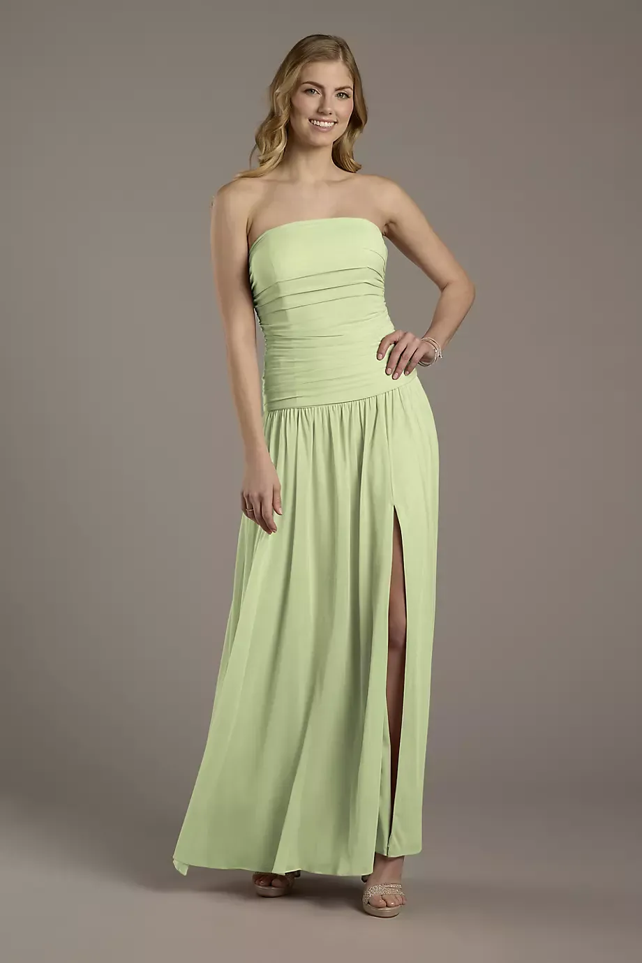 Celebrate DB Studio Mesh Strapless Drop Waist Dress in Pistachio Size: 2 David's Bridal
