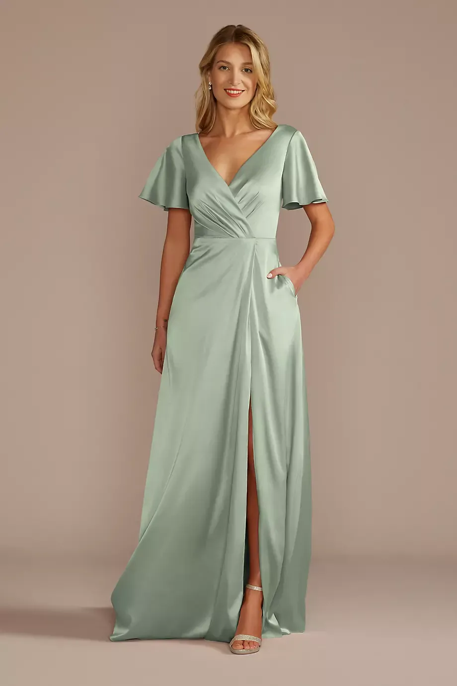 Celebrate DB Studio Short Sleeve Stretch Charmeuse Dress in Dusty Sage Size: 6 David's Bridal