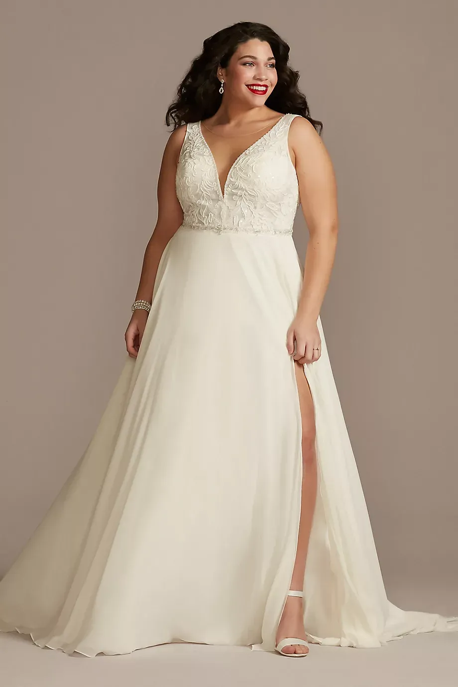 Galina Signature Applique Illusion Chiffon Plus Size Wedding Dress in White Size: 28W David's Bridal