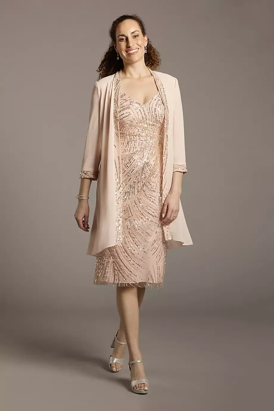 Oleg Cassini Sequin And Pearl Short Jacket Dress in Blush Size: 2 David's Bridal